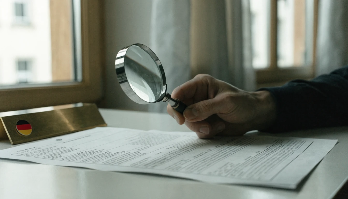 Hand mit Lupe über amtlichem Register auf Schreibtisch, Deutschland-Fähnchen